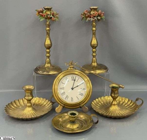 Brass Chambersticks, Candle Sticks, Snuffer and Desk Clock Tallest 10" image