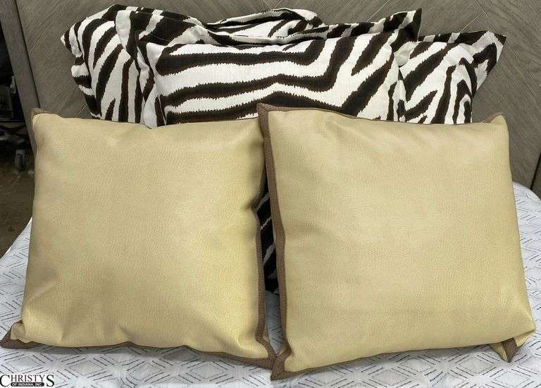 Patterned Zippered Throw Pillows, and 2 Leather Like Tan Accents, Largest 3, 27x27" image