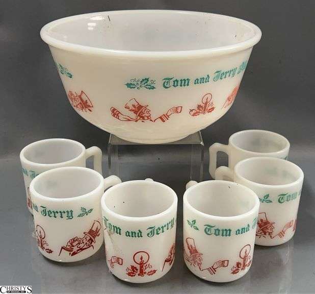 Vintage Tom and Jerry Milk Glass Eggnog Bowl and 6 Cups image
