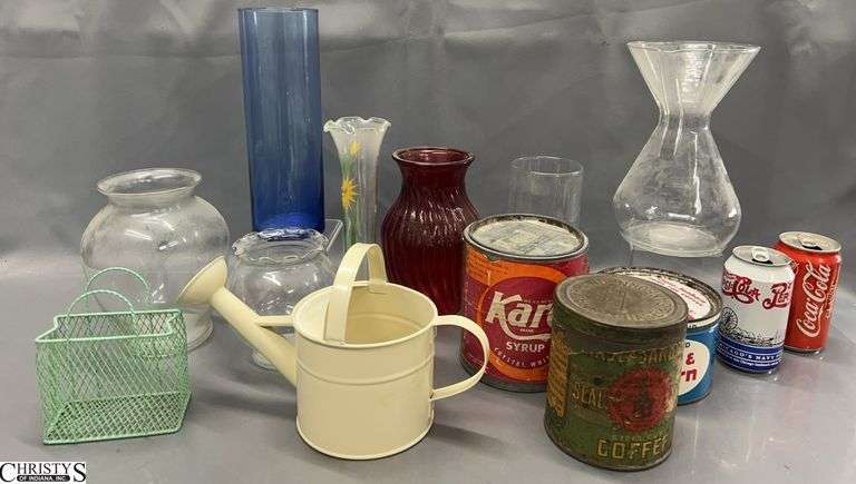 Vintage Coffee Tins, Glass Vases - 9" of tallest image