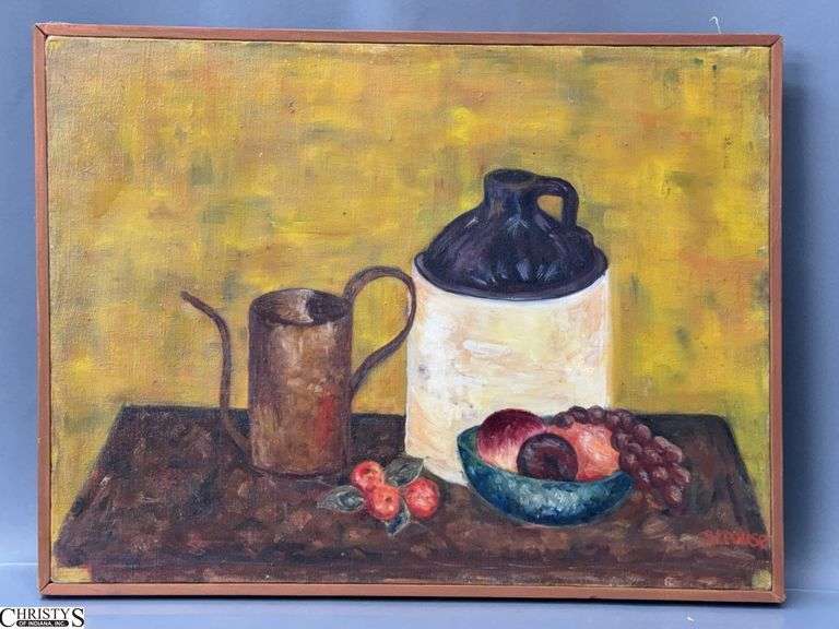 Signed Primitive Style Still Life Oil on Canvas - 25" x 19" of frame image
