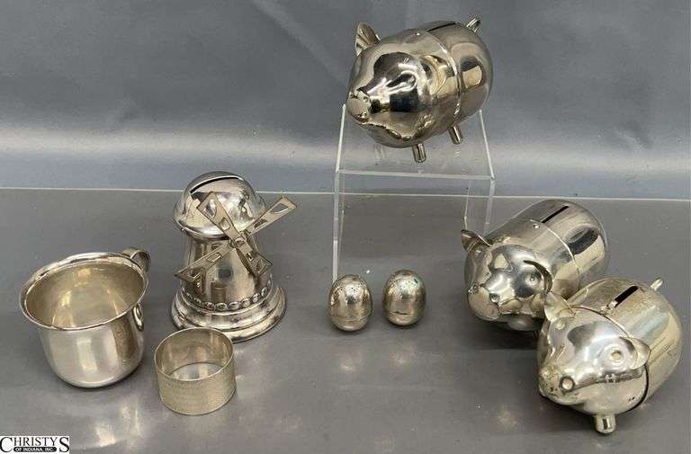4 Silverplate Piggy Banks, Baby Cup, Napkin Ring, Salt and Pepper - 4.5" of tallest image