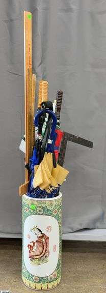 Asian Influence Umbrella Stand and Various Umbrellas, Yard Sticks, Misc - 18" of stand image
