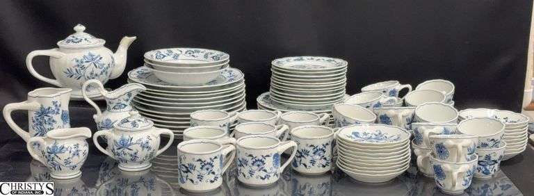 Blue Danube China.  Includes 12 Dinner Plates, 7 Lunch Plates, 12 Bread/Dessert Plates, 8 Coffee Cups, 20 Tea Cups & Saucers, 3 Soup Bowls, Teapot, Cream & Sugar, Milk Pitcher and a Cream Pitcher image
