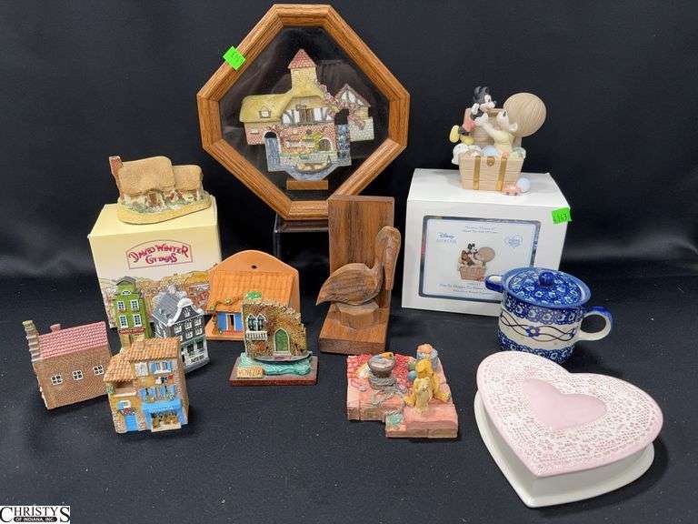 Precious Moments Disney Showcase I'm So Happy To Have Found You! Figurine in Box, a Pink Heart Shaped Dish with Lid, Miniature Buildings (1 marked Rose Cottage by David Winter), and a Framed Shadow Box with a Cottage Figurine Inside image