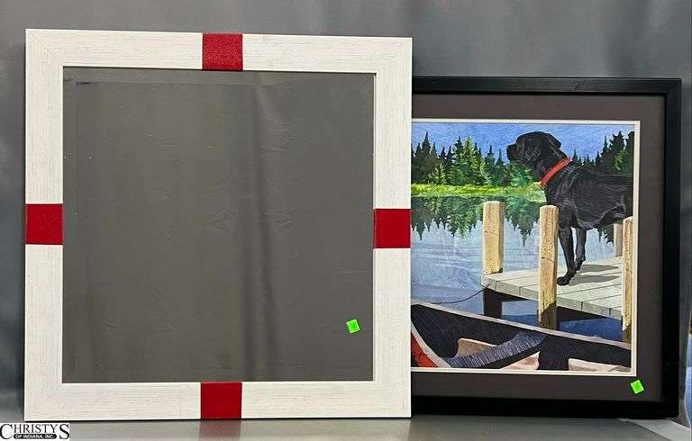 2pcs Framed "Dogs On Lake II" 20x22" and Nautical Framed Mirror Largest 26.5x26.5" image
