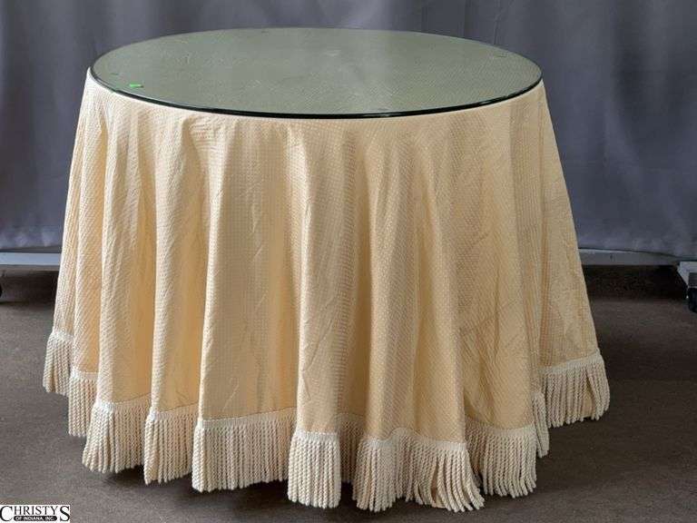 Pale Yellow Checked Fringed Glass Top Decorator Table - 36" x 31" image