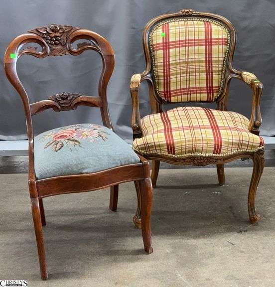 Petite French Style Chair and Carved Victorian Chair - 22" x 34" - 17" seat of french chair image