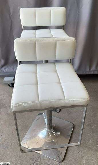Pair of White Modern Chrome Base Adjustable Stools, Some Wear Seat Is 17x18" image