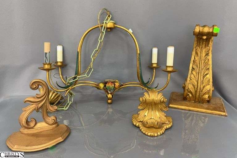 Vintage Hanging Chandelier, 3 Gold Shelves 20x17" Light Fixture image