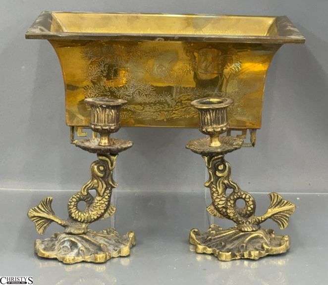 Pair of Brass Candle Holders and Planter 10x6x4" image
