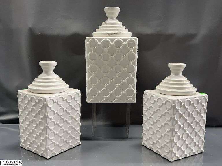 3 White Ceramic Decorative Lidded Jars - 14" of tallest image