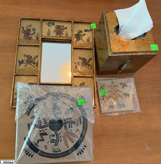 4pcs Native American Southwest Style Decor - Small Mirror, Sand Art Pieces, Kleenex Cover - 10" x 12" of mirror image