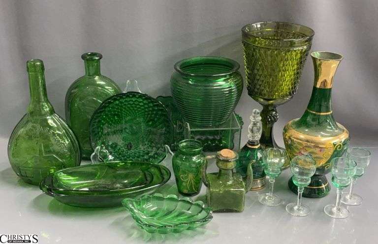 Green Glass Dishes, Vases, Sherry Stems, Jars Tallest 11" image