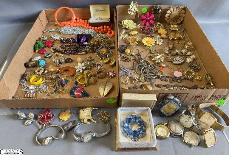 Beaded Lot of Costume Jewelry, Earrings, Watches, Necklaces, Pins image