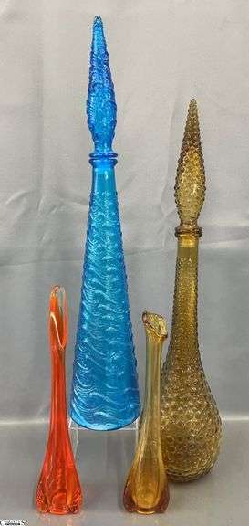4pcs Mid Century Glass - 2 Empoli Decanters, 2 Swung Glass Style Vases - 22" of tallest image