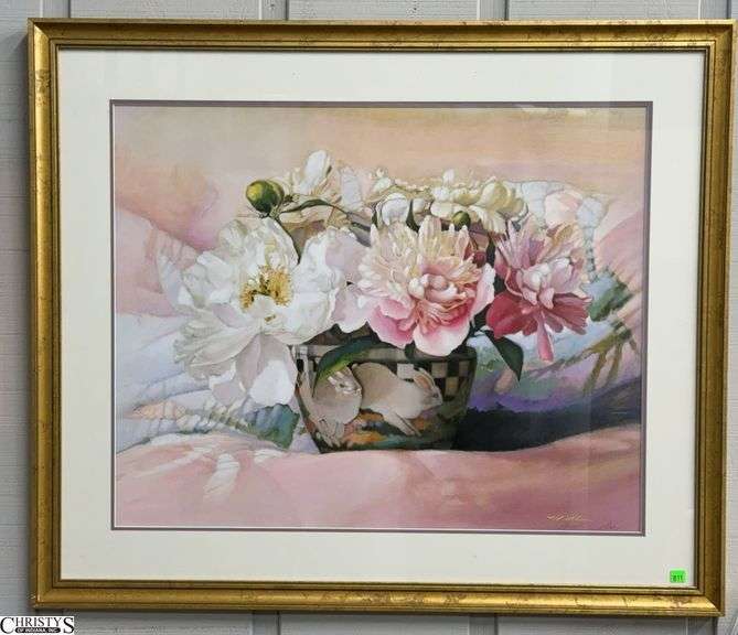 Nancy Noel Signed 1991 Peony Still Life Lithograph - 38" x 32" of frame image