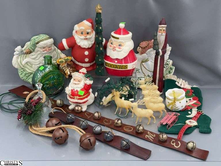 Vintage Santa Jar Marked Japan, Plastic Light Up Wall Santa, Bells, Carnival Glass Bottle, Fitz and Floyd Dishes, Santas 13.5" image