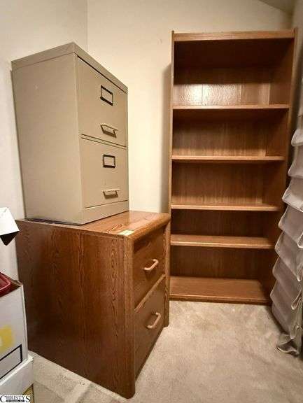 Press board bookcase and 22 drawer file cabinets, bookcase 30 X 12 X 72” image