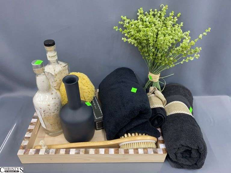 Bath Towels, Bathroom Items, Bottles With Salts, Faux Greenery, Tray 12x18" image