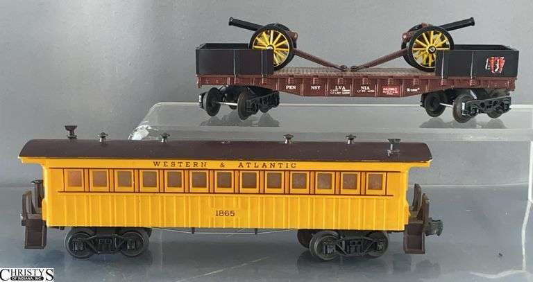 2pcs Lionel 1865 General Coach Car, and K-Line PRR Canon Flat Car image
