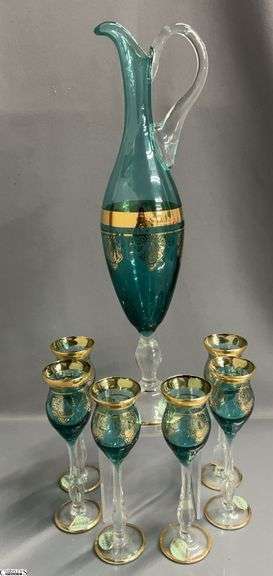 Italian Teal Glass Gold Leaf Accent Cocktail Set - 7pcs - 15" of pitcher image