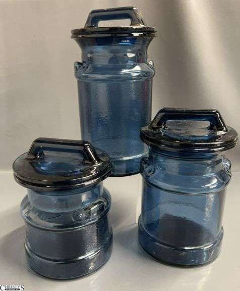 3 L. E. Smith Cobalt Glass Canisters - 11" of tallest - one has crack image