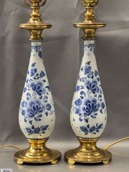 Pair Delft Blue and White Table Lamps - 28" to top of finial image