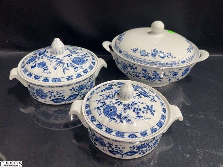 3 Blue & White Casserole Dishes with Lids.  2 are marked Vienna Woods Fine China.  The largest one is marked German Democratic Republic However it is Cracked  (see photo) image