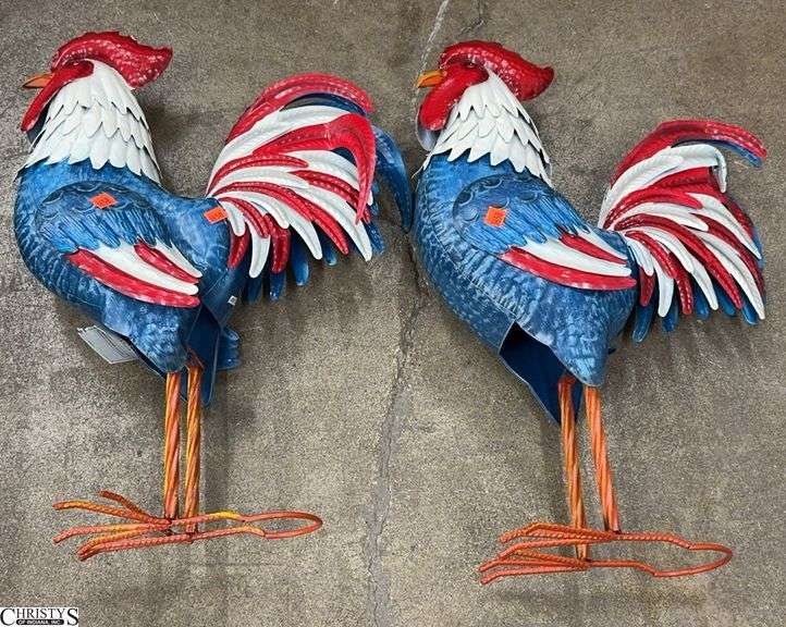 2 Red Shed Festive Roosters Both Have Bends and Damage image