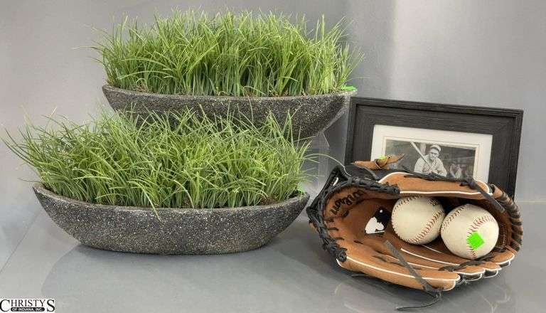 Faux Planters, Baseball Mitt and Balls, Frame With Black and White Photo image