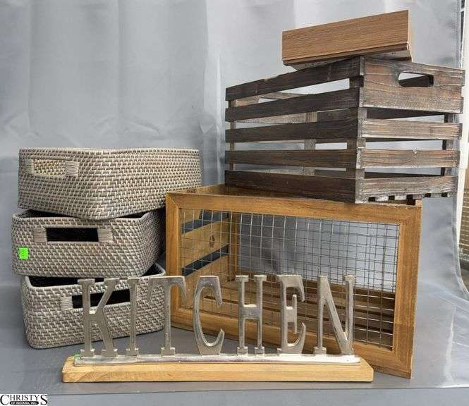 Decorative Wood Wire Accent Crate, Wood Crate, 3 Woven Baskets, Kitchen Sign, 6pcs - 17" x 12" x 10" image
