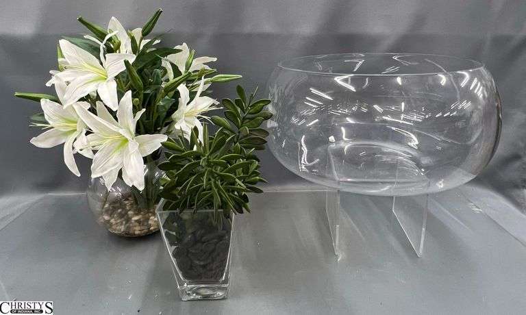 Large Clear Bowl, Artificial Flowers and Succulents In Vase, Tallest White Flowers 18" image