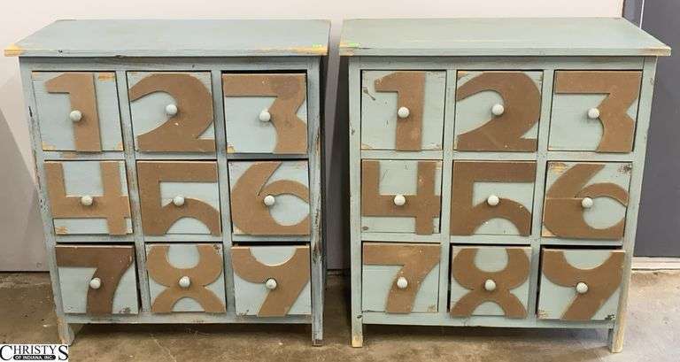 Pair of Distressed Country Blue Numbered Multi Drawer Cabinets 29.5x15x32" image