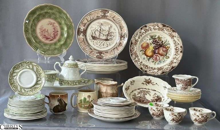 Brown and Green Pattern Dishes, Mugs, Pitchers and Cups, Davenport, Kirkham Pottery, English Ironstone, and Others, Some Wear Largest 10.5" image