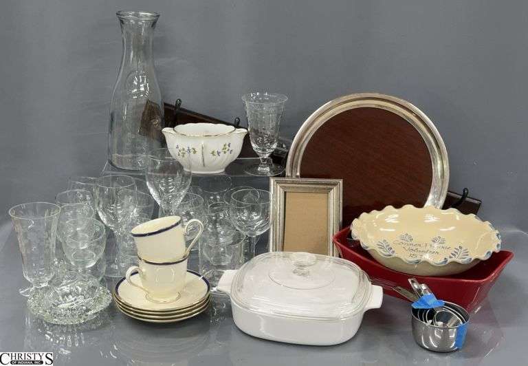 Lenox Teacups and Saucers, Glass Votives, Coat Hook, Corning Ware Baking Dish, Misc Kitchen Items image
