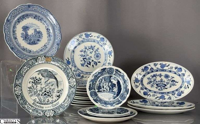 Blue and White Mixed Pattern Dishes, Some Chips, Largest 10.5" image