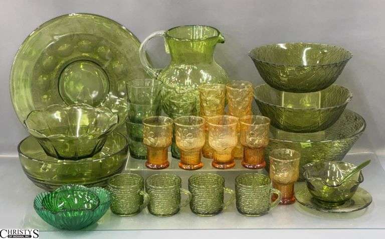Mid Century Green and Amber Colored Glass Ware, Bowl Is Largest 11x5" image