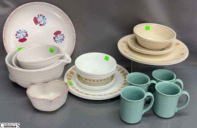 Corelle Dishes, Coring Ware Mugs, Crockery Style Mixing Bowls and Chip N Dip Plate - 11" D of plate image