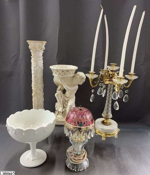 Candelabra, Pillar, Vanity Lamp, 2 Compote Vases - 16" of tallest image