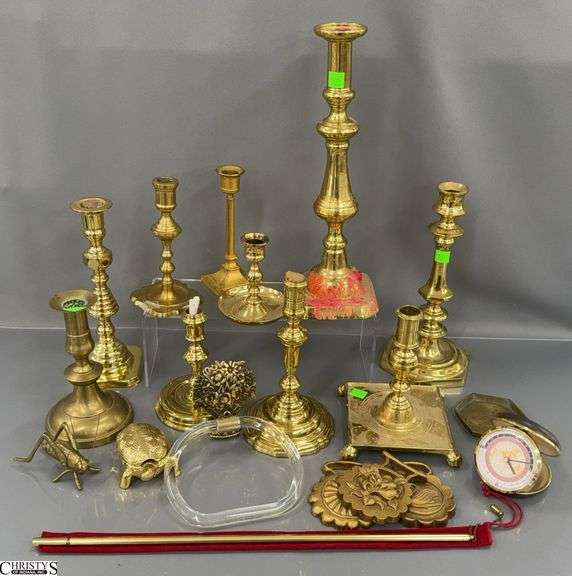 Brass Candle Sticks, Turtle Trinket, Bathroom Accessories and Magnifying Glass, Tallest 13.5" image