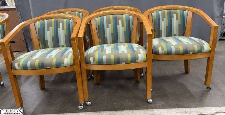 5 Pavar Upholstered Modern Style Lobby Chairs - 23" x 30" - 18" seat of each - shows wear and scuffing image