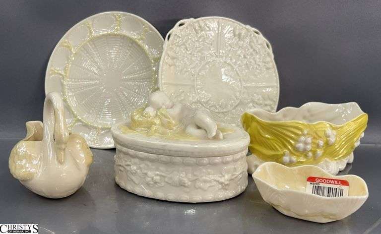 Belleek Lily of the Valley, Sleeping Cherub Trinket Box, Swan Creamer, Plates image