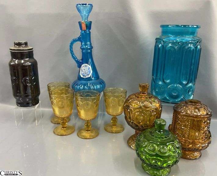 Vintage Amber, Blue, Green Glass - Moon and Stars Lidded Dishes, Fairy Candle Light, Decanter, Canister Base, Glasses - 13" of tallest image