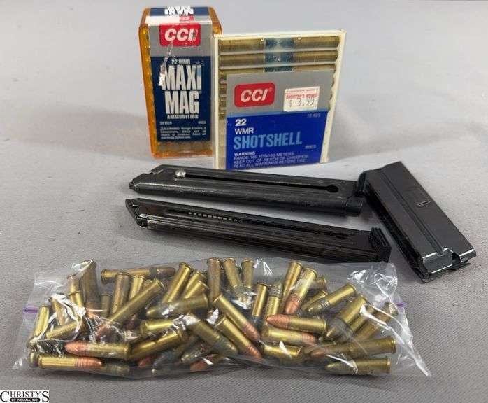 .22 Cal. Cartridges and 3 .22 Cal. Magazines.  Includes 1 Box of 50 CCI 22 WMR Maxi Mag Ammunition, Box of 20 Round CCI .22 WMR Shotshells and a Baggie of Loose .22 Cal. Cartridges image