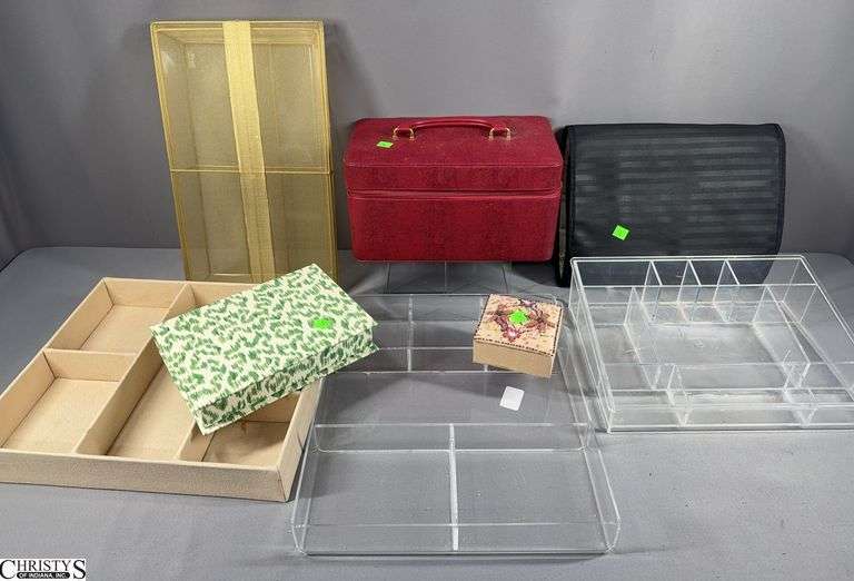 Empty Jewelry Organizers and Containers.  Includes a red Este Lauder case 12" X 7 1/2" X 6 1/2"  and a Mary Kay Hanging Jewelry Organizer. image