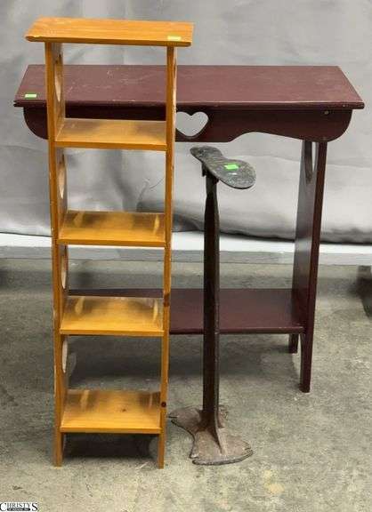 Cast Iron Shoe Repair Stand and 2 Heart Motif Wood Shelves - 27" x 11" x 27" of largest image