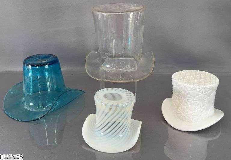 4 Fenton Style Glass Hats, Aquamarine, Swirl, Milk Glass, Clear is Tallest 5" image