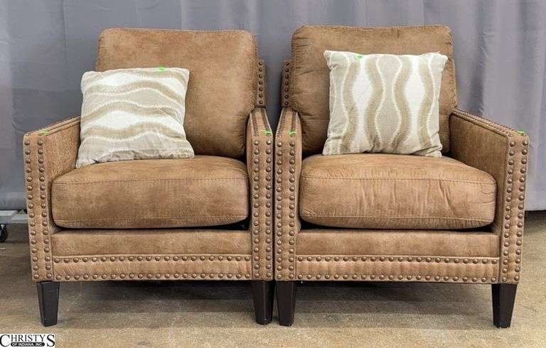 Pair of Ashley Furniture Soft Leather Feel Nail Head Trim Arm Chairs and Throw Pillows 29x34x35" image