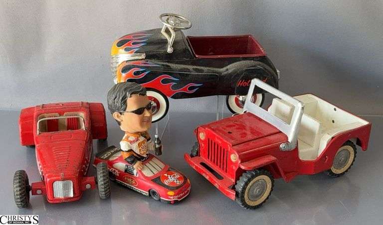 3 Toy Cars and Tony Stewart Bobble Head - 10" of largest - Tonka, Nylint, Teleflora, and Others image